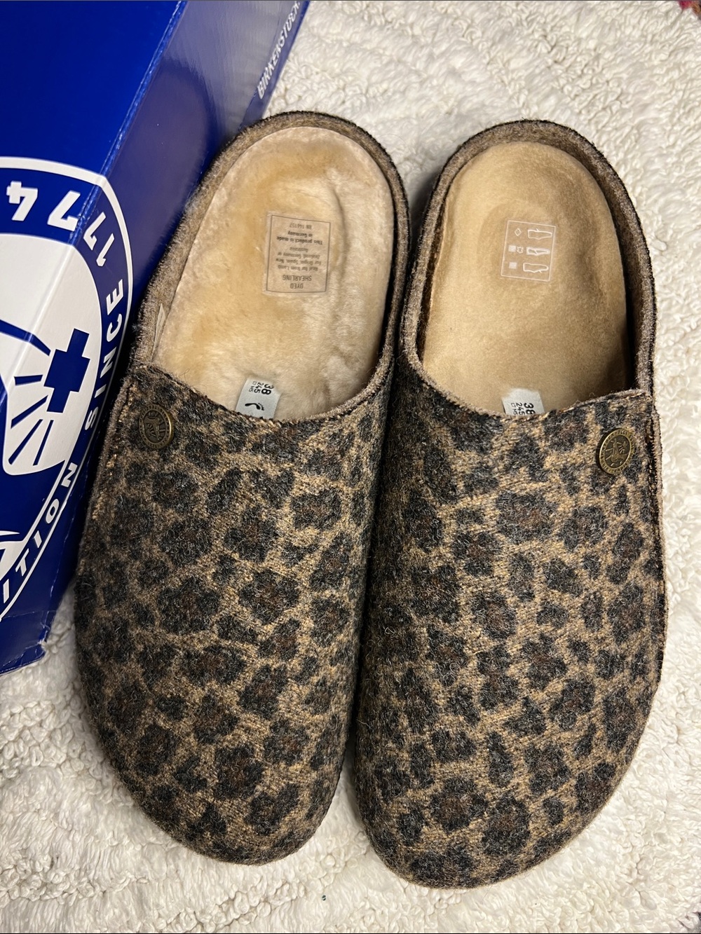 Birkenstock Zermatt Felt Leo Toffee Leopard Animal Print Slipons Clogs Size 38 7